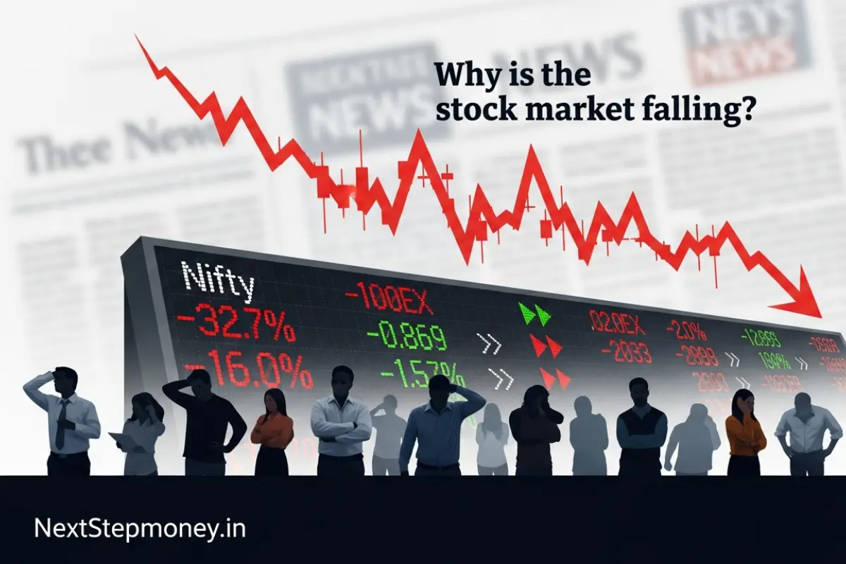 शेयर बाजार क्यों गिर रहा है दर्शाने वाला लाल गिरता हुआ ग्राफ और निवेशकों की चिंता