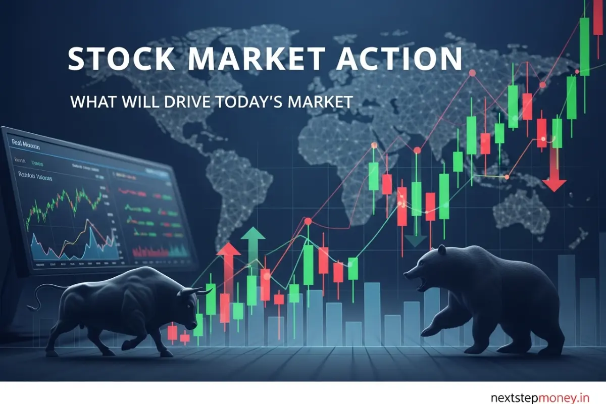 Stock Market Action showing global market cues charts and factors driving today’s market