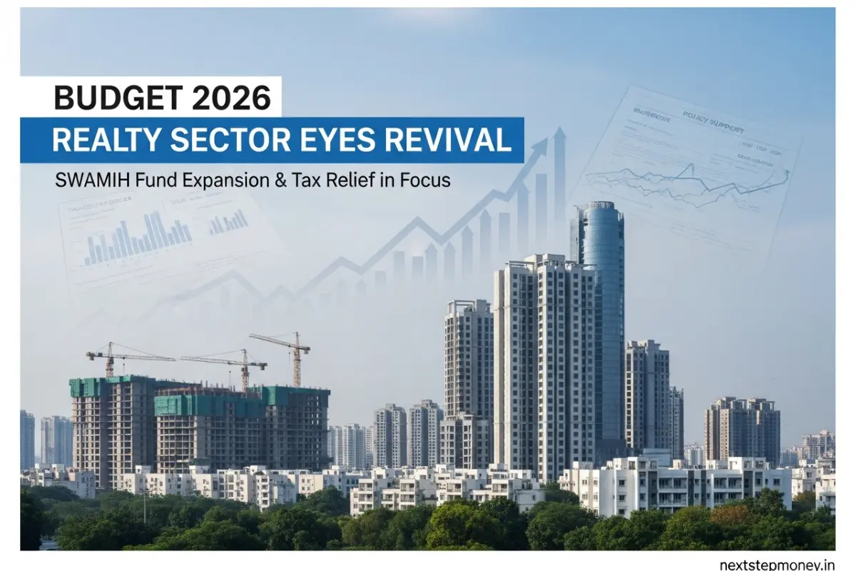 Budget 2026 Realty Sector showing housing revival expectations with SWAMIH fund expansion and tax relief